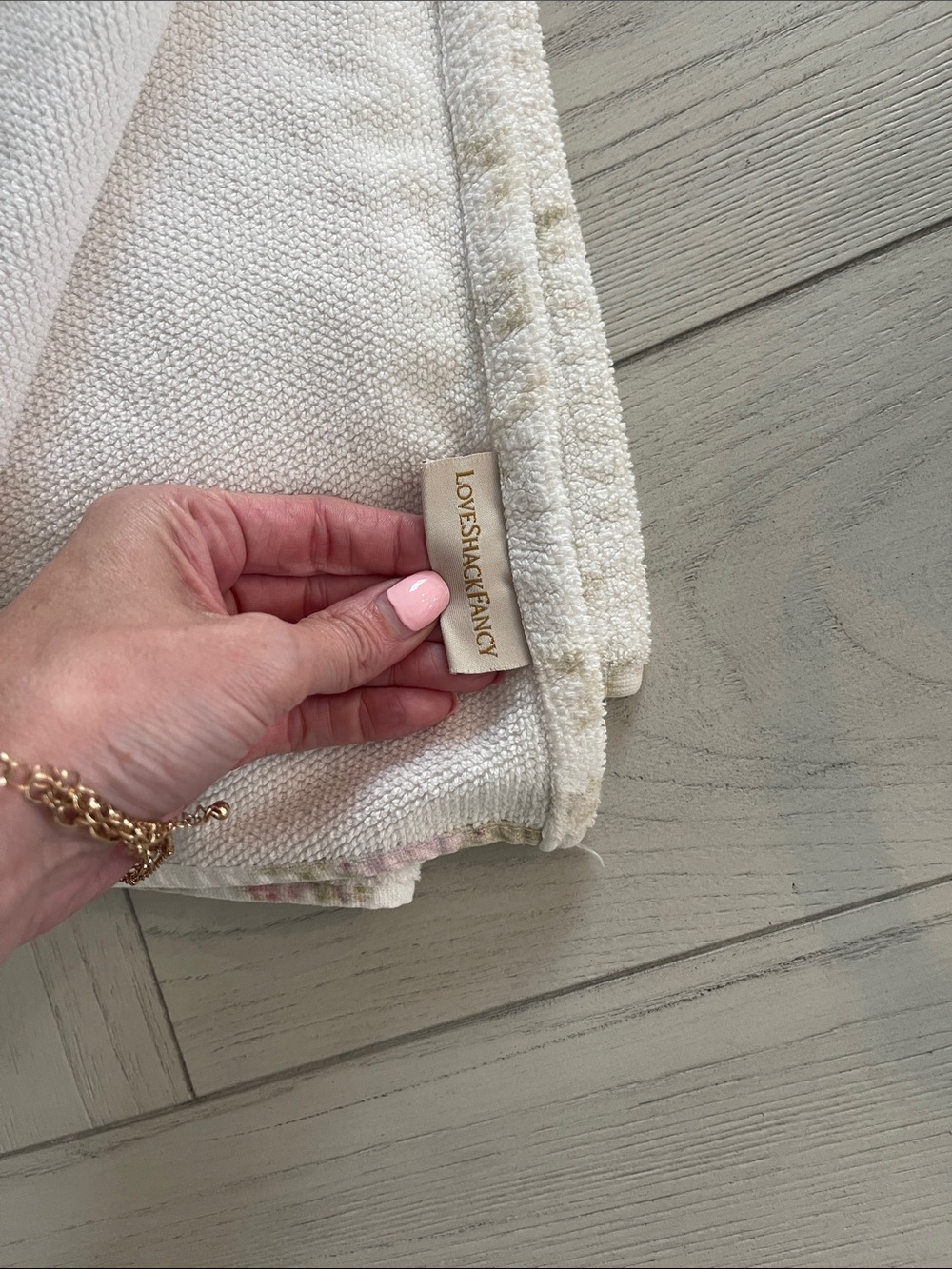 LoveShackFancy Cream Bath Towel with Pink Rose Wreath Pattern - Picture 3 of 5